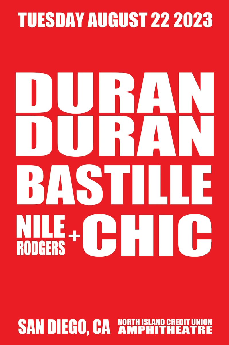 duranduran's tweet photo. 2 additional Duran Duran shows :  @ForestHillsStdm, NY (with @gracejones @nilerodgers &amp; @bastille) Sept 22 &amp; North Island CU Amp (with @bastille &amp; @nilerodgers) Aug 22. Member pre-sale April 10 10am local time; Gen On-sale April 14 at 10am local time
 ---> https://t.co/dNyWW8V8xc https://t.co/EDKpgbvm4e
