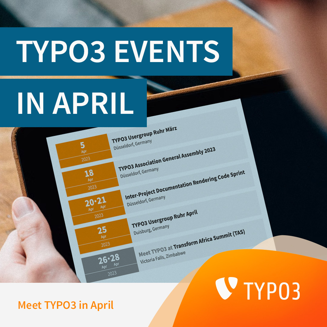TYPO3 Project (@typo3) on Twitter photo Many TYPO3 events in April! 🚀
We can't wait to see you at the next events, like the 25th Anniversary Party and the Documentation Code Sprint. 🎉
P.S. <a href="/ProvenPudding/">Mathias Bolt Lesniak</a> and <a href="/carpatic/">daniel homorodean</a> will be present at the "Transform Africa Summit".
👉 hubs.li/Q01Kvwmr0 Many TYPO3 events in April! 🚀
We can't wait to see you at the next events, like the 25th Anniversary Party and the Documentation Code Sprint. 🎉
P.S. <a href="/ProvenPudding/">Mathias Bolt Lesniak</a> and <a href="/carpatic/">daniel homorodean</a> will be present at the "Transform Africa Summit".
👉 hubs.li/Q01Kvwmr0