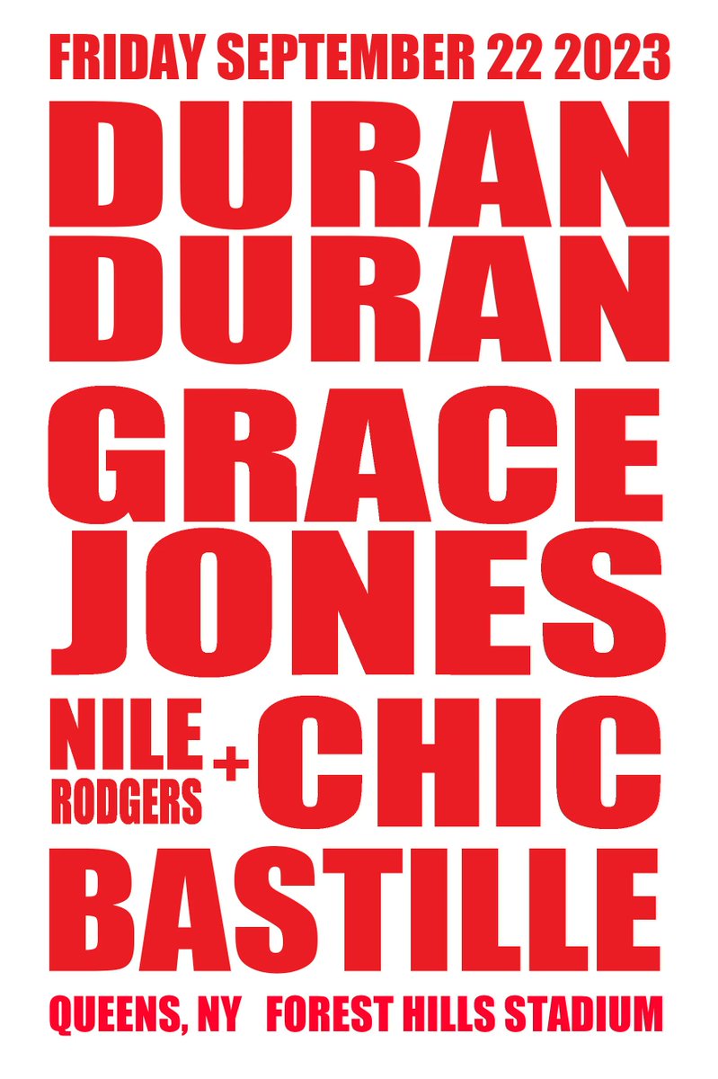 2 additional Duran Duran shows :  <a href="/ForestHillsStdm/">Forest Hills Stadium</a>, NY (with <a href="/gracejones/">Grace Jones</a> <a href="/nilerodgers/">Nile Rodgers</a> &amp; <a href="/bastille/">BASTILLE</a>) Sept 22 &amp; North Island CU Amp (with <a href="/bastille/">BASTILLE</a> &amp; <a href="/nilerodgers/">Nile Rodgers</a>) Aug 22. Member pre-sale April 10 10am local time; Gen On-sale April 14 at 10am local time
 ---> duranduran.com