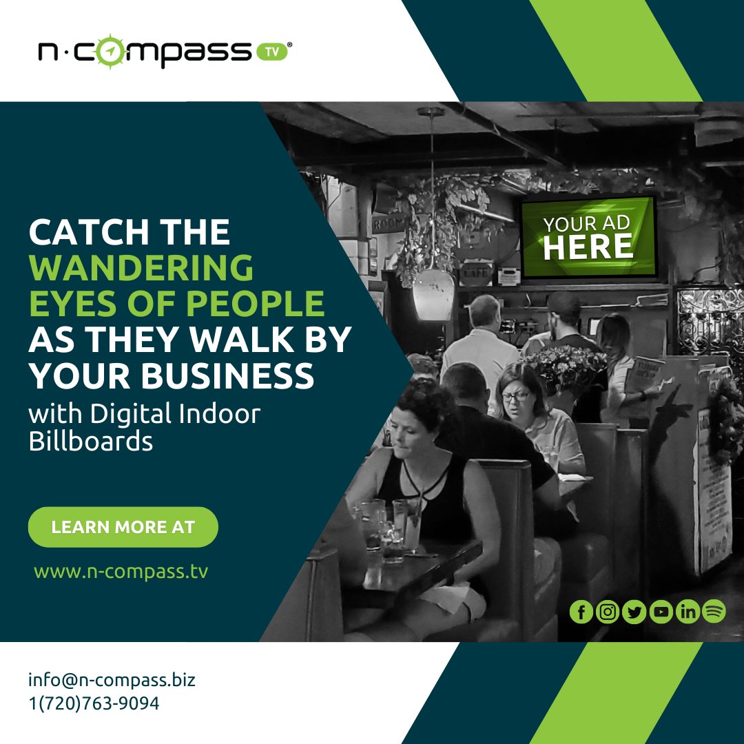 NCompassTV's tweet photo. It's time to catch the wandering eyes of people as they walk by your business. Turn those passing glances into customers with Digital Indoor Billboards. 🤩 https://t.co/CVGV1mgVPi