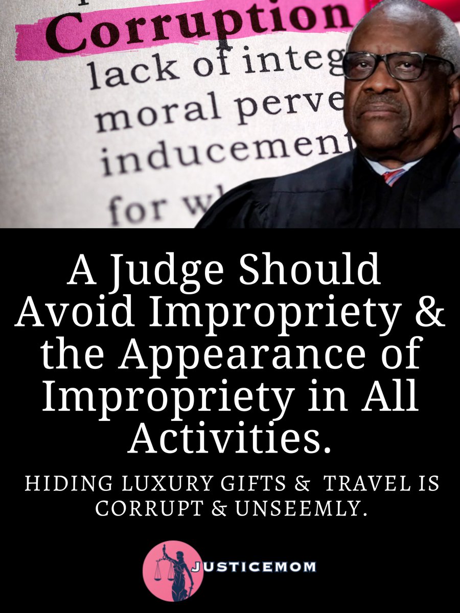 RealKellyJones's tweet photo. Federal Judicial Canon 2:

 A Judge Should Avoid Impropriety and the Appearance of Impropriety in All Activities.

#CorruptClarence #ImpeachClarenceThomas #ClarenceThomas #EqualJustice #BringJusticeThomastoJustice #ClarenceThomasResign #JusticeMom #MomvGoliath https://t.co/ioThYORVtD