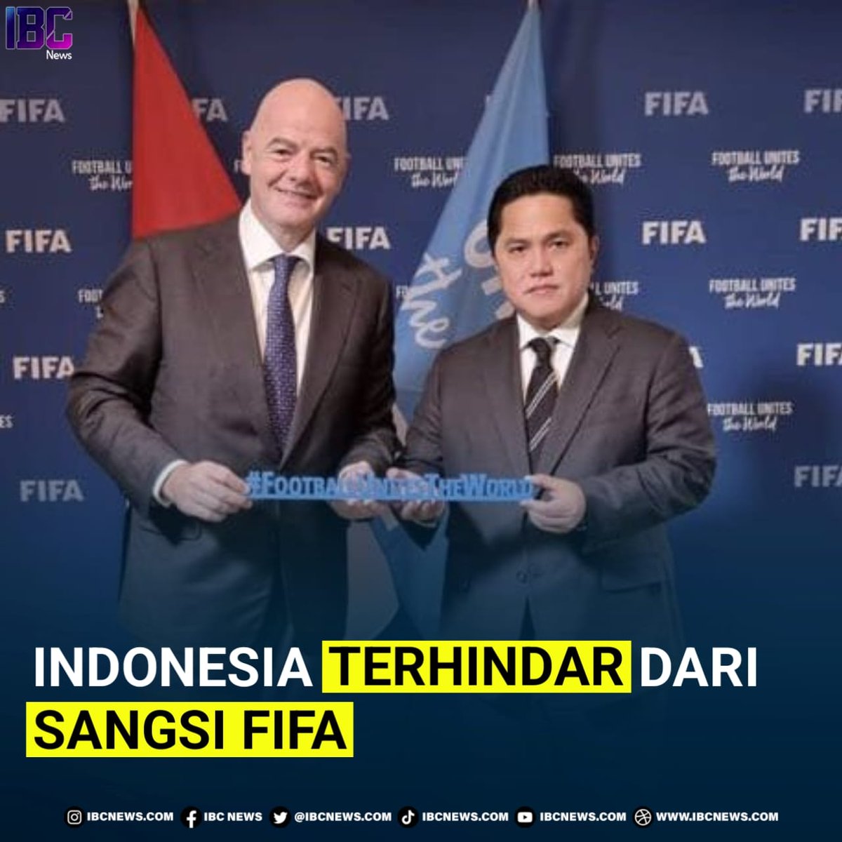 IbcnewsId's tweet photo. Sesuai arahan Presiden jokowi, saya bernegosiasi sekaligus mempresentasikan blueprint transformasi sepak bola Indonesia kepada FIFA.ujar Erick Thohir melalui Laman akun Twitter

Hasilnya, Indonesia hanya diberi sanksi administrasi, bukan sanksi berat dikucilkan dari sepak bola. https://t.co/HMzcIxnZ9m