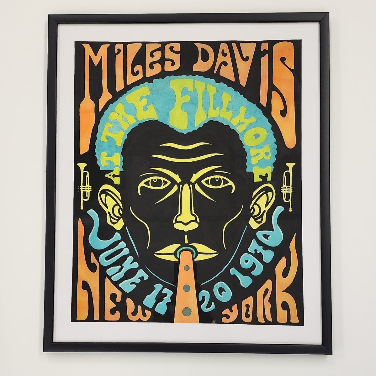 FastFrameDurham's tweet image. A hand drawn poster for a Miles Davis concert from the 70s. Keeping it simple this black frame let's the art speak for itself. #milesdavis #jazz #NY #art #customframing.