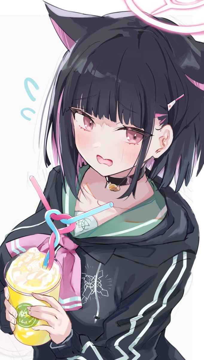 1girl solo halo black hair animal ears drinking straw hood  illustration images