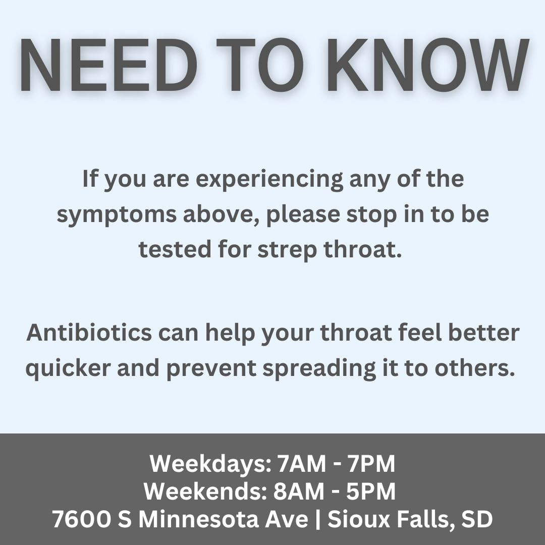 Sioux Falls Urgent Care has seen an uptick in strep throat recently. Here is what you need to know.. 

#siouxfallsurgentcare #siouxfallsspecialtyhospital #siouxfalls #walkinclinic #urgentcare #strepthroat