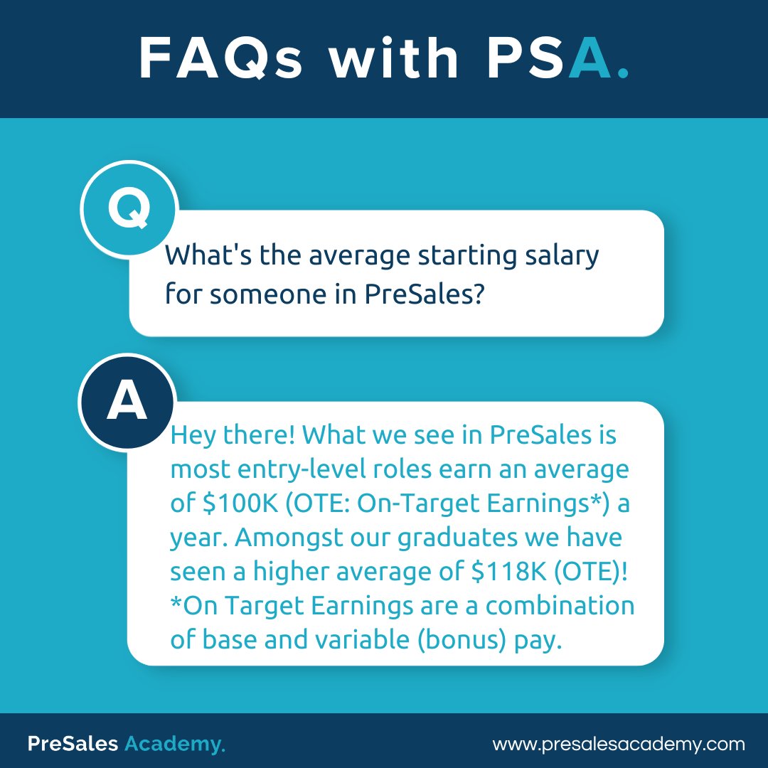PreSalesAcademy's tweet image. ⭐ It’s Friday FAQs with PSA! ⭐

Did you know? ➡️  PreSales Academy graduates earn an average of $118K in their first role in PreSales!

Have questions about PreSales Academy? Email us at info@presalesacademy.com.

#questions #presales #solutionsconsulting #faqs