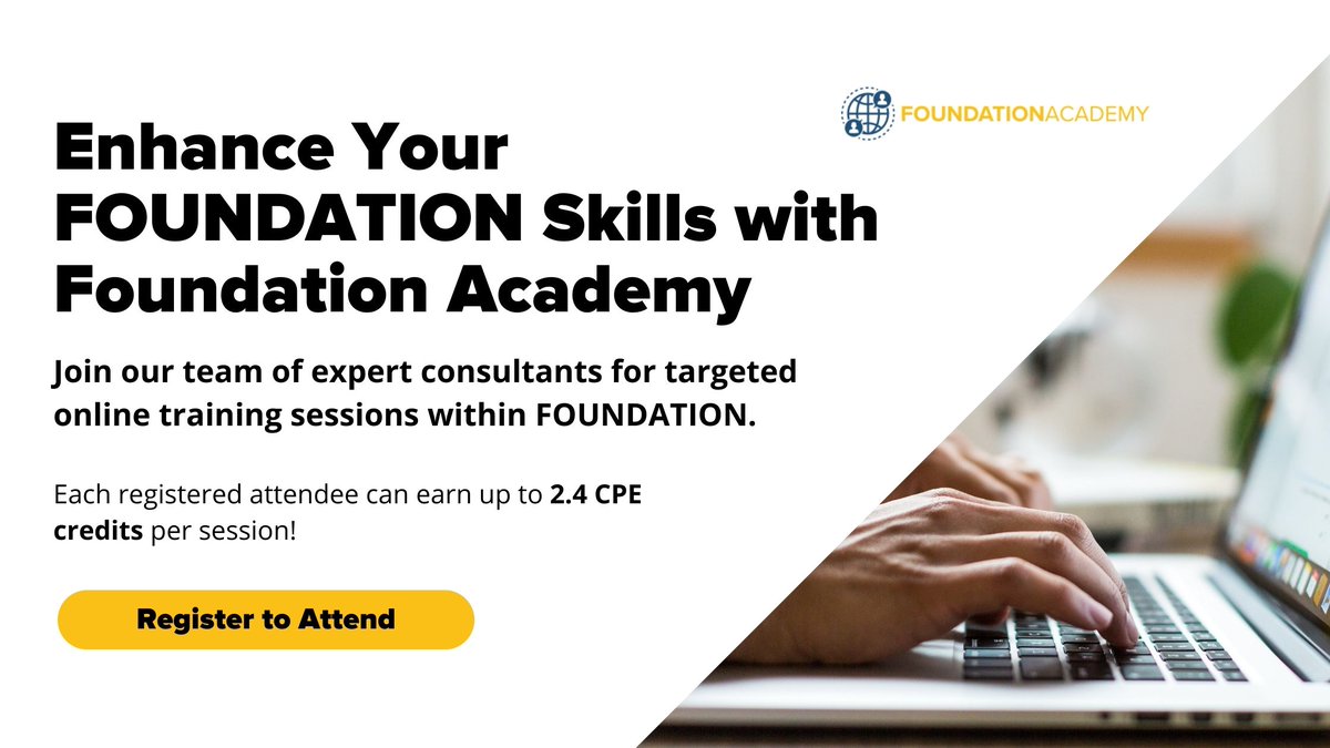 Boost your FOUNDATION knowledge and skills with our expert-led online classes at Foundation Academy! Learn software capabilities, best practices, and custom reporting techniques.

To see a full schedule and registration, visit events.foundationsoft.com/foundation-aca…