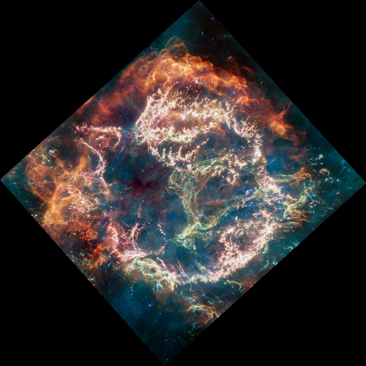 SpaceTelescope's tweet photo. Pow! Crackle! Boom! You can almost hear the fireworks when you view this mid-infrared image of the supernova remnant Cassiopeia A, taken by #NASAWebb. Glowing dust and elements display complex structures unexpected: https://t.co/NbJdtnKpZy https://t.co/8YKibEixGR