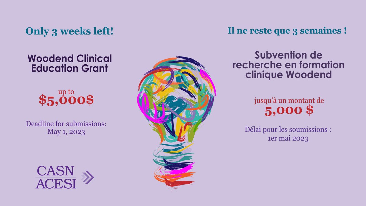 CASN43's tweet photo. Only 3 weeks left! Submit your application for the Woodend #Clinical #Education Research Grant! https://t.co/J1H10ywMbF | Il ne reste que 3 semaines ! Présentez votre demande pour la Subvention de recherche en formation clinique Woodend. #Nursing https://t.co/8MlJmwpNdg