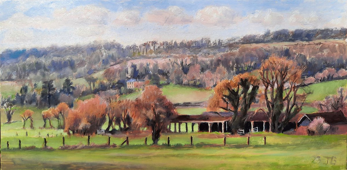 A plein air painting over 4 mornings of Colstrope farm, Hambleden valley, 'Call of Spring'. Oil on gesso cradled panel, 20 x 40 cm.
#hambleden #Colstrope #aonb  #chilternhills #chilternsaonb #oilpainting #artwork #art #pleinairpainting #pleinairlandscape #landscapepainting