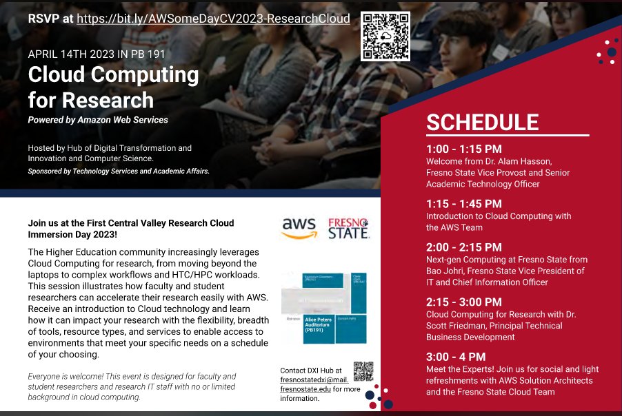 Join us on 4/14 for Cloud Computing for Research hosted by <a href="/Fresno_State/">Fresno State</a> and <a href="/awscloud/">Amazon Web Services</a> -- RSVP now: bit.ly/AWSomeDayCV202…