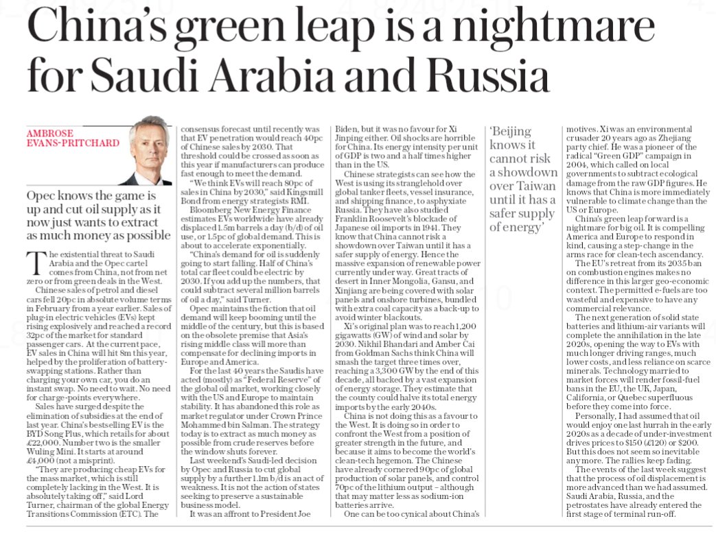 "The consensus forecast until recently was that EV penetration would reach 40% of Chinese sales by 2030. That threshold could be crossed as soon as this year."
 
 telegraph.co.uk/business/2023/…