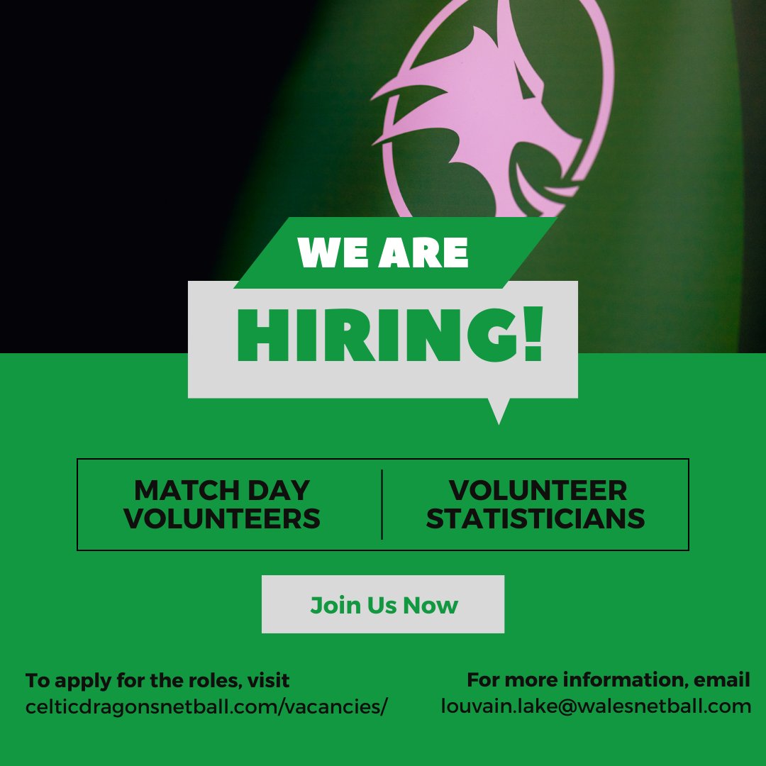 Don't forget, we have some exciting matchday roles currently being advertised on our website! Apply now, by clicking this link ⬇️ celticdragonsnetball.com/vacancies/