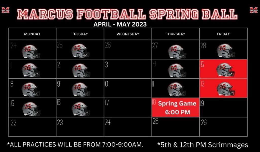 I'm ready, Are you? Spring game is May 18th. Coaches, Scouts, and Analysts the Marcus Marauders want to see you! <a href="/twftraining/">Brandon Tucker / Trenchwarfare</a> <a href="/RecruitMarcusFB/">Marcus Football Recruiting</a> <a href="/MarcusFootball/">Marcus Football</a> <a href="/MarcusRedNation/">MARCUS RED NATION</a> <a href="/BHoward_11/">Brandon Howard</a> <a href="/Jason_Howell/">Jason Howell</a> <a href="/CraigHaubert/">Craig Haubert</a> <a href="/dctf/">Dave Campbell's — TexasFootball.com</a> <a href="/CoachZacSias/">Zac Sias</a> <a href="/CoachReynolds81/">Vince Reynolds</a> <a href="/GreerJacori/">Coach Jacori Greer</a> <a href="/AndrewHatts/">Andrew Hattersley</a>