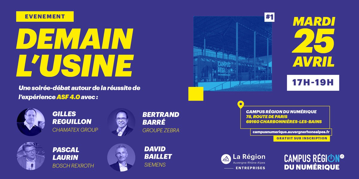 Le <a href="/CampusRegion/">Campus Région du numérique</a> et @AURAentreprises organisent une journée de rencontres autour de l’industrie 4.0avec des retours d’expérience sur ASF 4.0 par Gilles Réguillon, PDG de Chamatex. 
👉 Inscription (obligatoire) : billetweb.fr/demain-lusine-… 
#industrie #numérique #innovation
