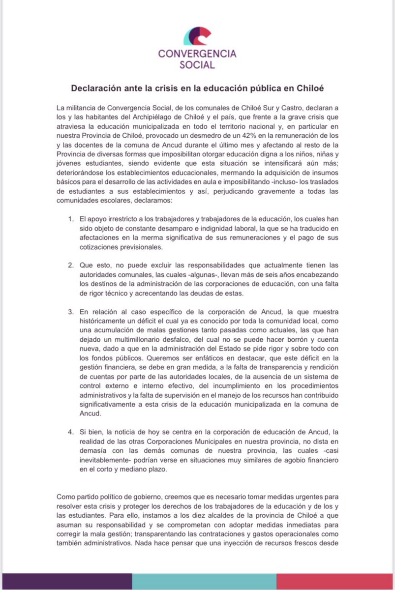 ChiloeporBoric's tweet photo. Declaración CS CHILOE, frente a la crisis de la educación en nuestra provincia. https://t.co/rD5QCqPXYu