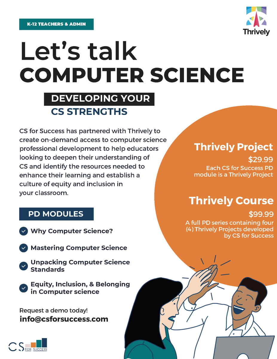 We're excited to announce that our most popular professional development sessions are now available on @Thrively! If you'd like to learn more, or view a demo of our PD on Thrively, shoot us a message at info@csforsuccess.com