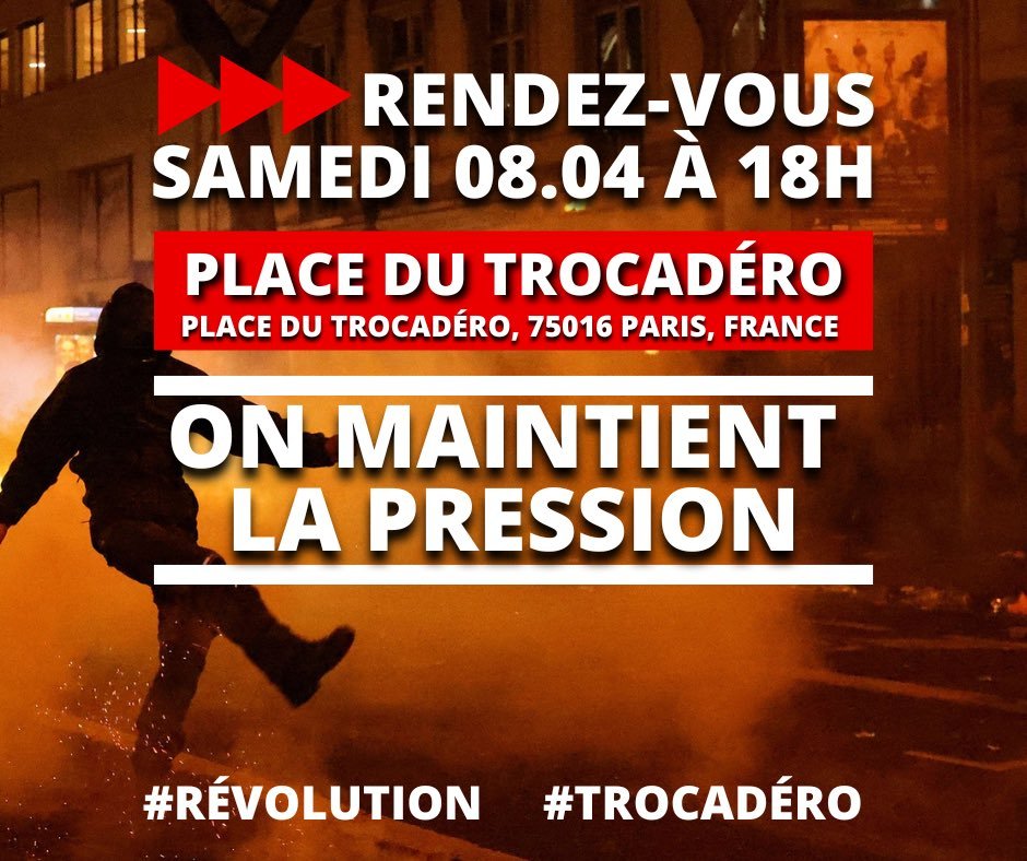 Trocadero.   Samedi.  18h. 💥

#ilNyaPlusDeRegles #Greve7avril #greve6avril