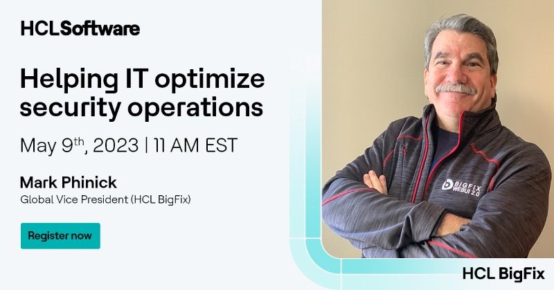 HCLSoftware's tweet photo. Join us for a webinar on May 9th at 11 am EST to learn how to optimize your IT security operations with Mark Phinick, Global VP of #HCLBigFix. 

Don't miss out! Register now! 
➡️ https://t.co/6MazVnb7Nm

#ITsecurity #webinar #optimization