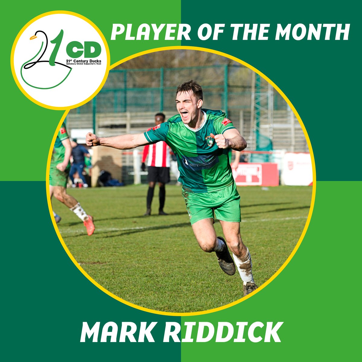 AylesburyUtdFC's tweet photo. Congratulations to @markriddick who has been voted 21CD Player of the Month for March 👏👏 #coyd🦆 https://t.co/e9iQ4r5uKH