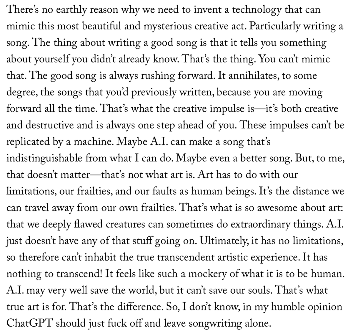 lamowens's tweet photo. Nick Cave on A.I. https://t.co/7t9aoRwSwS