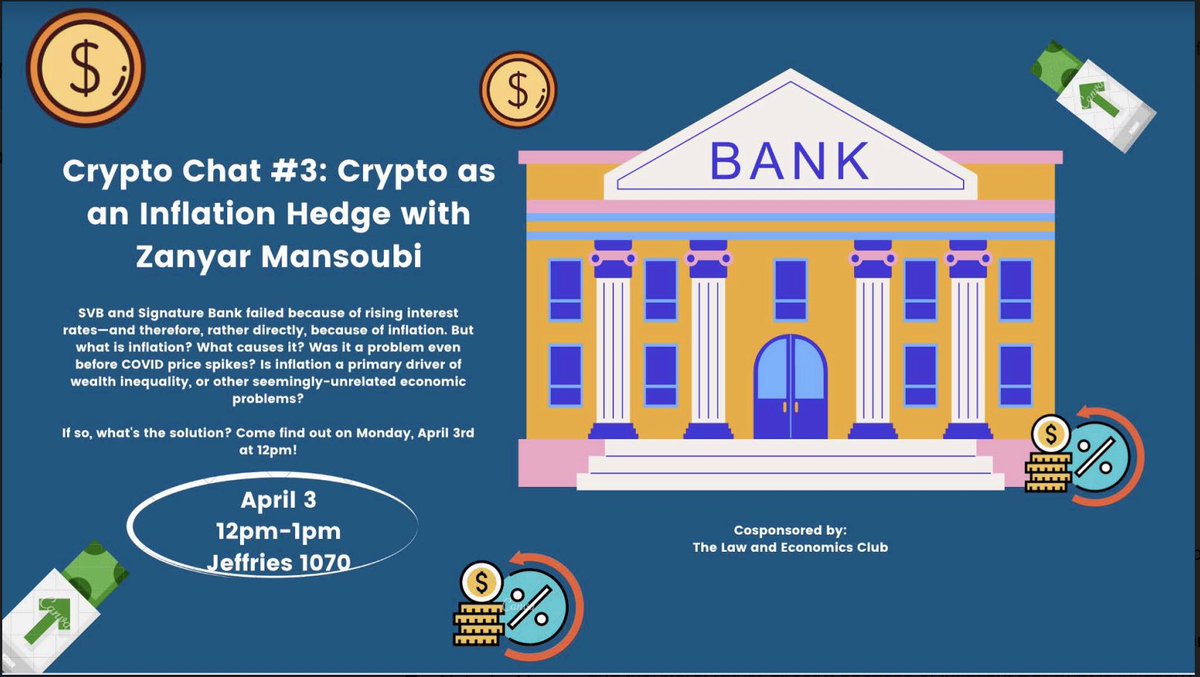 Mlawdala's tweet photo. ICYMI- this Monday, 1L @zmansoubi led Crypto Chat #3. His discussion regarding the intersection of productivity, inflation, and the wealth gap gave rise to a vibrant debate about the pros / cons of monetary policy-induced inflation in our financial system. Yay DALA!!! https://t.co/gjK21MYyKp