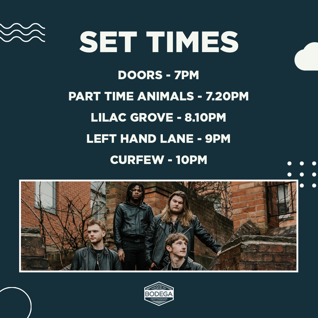 The Bodega (@bodeganotts) on Twitter photo SET TIMES
Blistering indie-punk quartet <a href="/lefthandlane_/">Left Hand Lane</a> touch down with special guests <a href="/LilacGroveBand/">Lilac Grove</a> and Part Time Animals tonight!
Some tickets are still on the door for some long-weekend fun if you're that way inclined. SET TIMES
Blistering indie-punk quartet <a href="/lefthandlane_/">Left Hand Lane</a> touch down with special guests <a href="/LilacGroveBand/">Lilac Grove</a> and Part Time Animals tonight!
Some tickets are still on the door for some long-weekend fun if you're that way inclined.