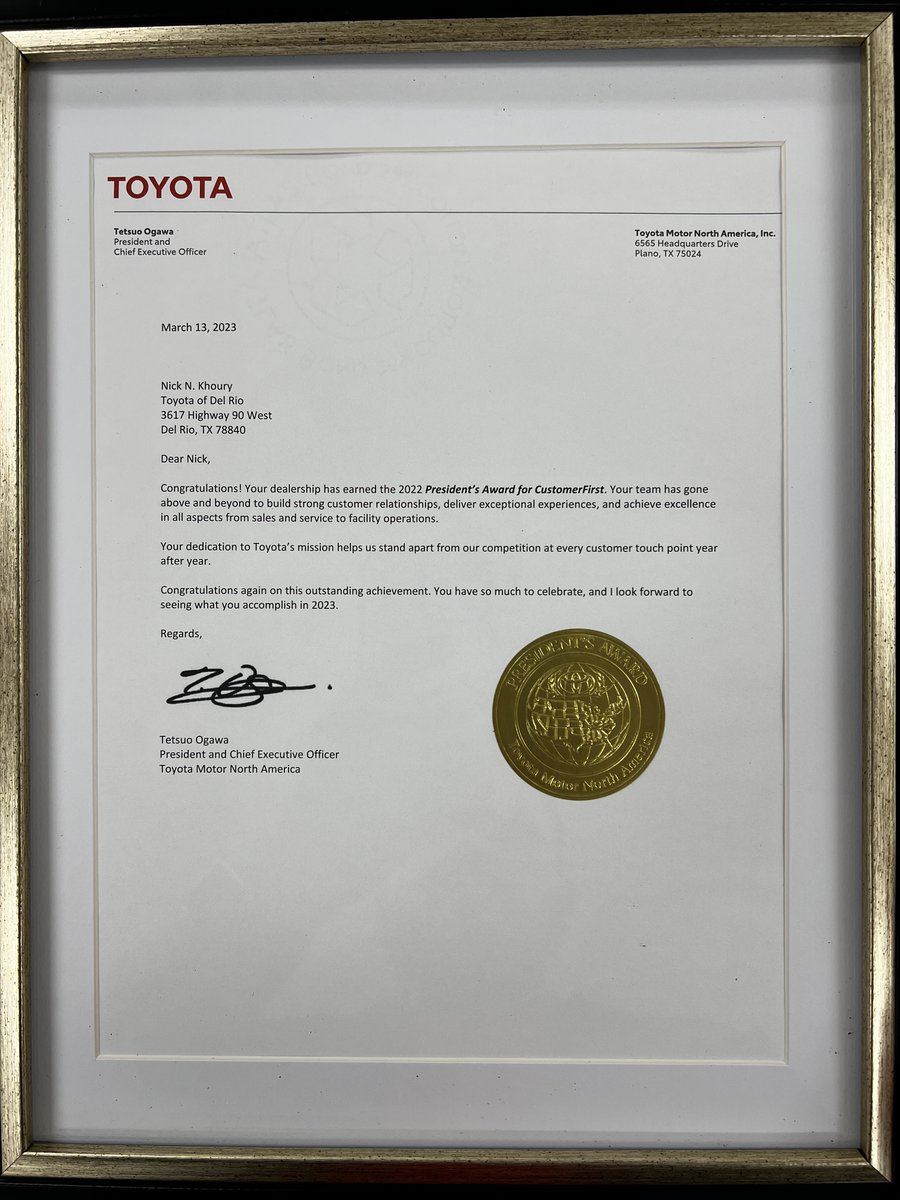 We proudly announce Toyota of Del Rio has earned the 2022 President's Award! This award is meaningful because our priority is to excel in customer experience. We could not receive the award without all our customers. Thank you and congratulations!📷📷 #ToyotaDelRio