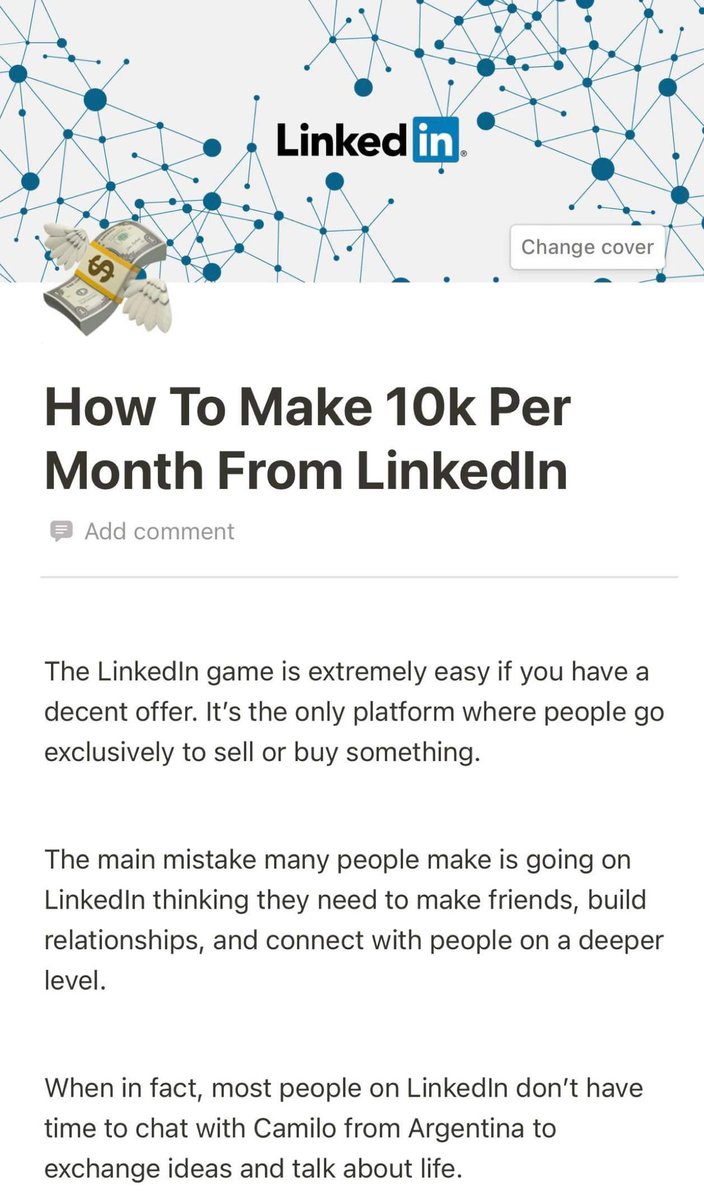 LeadGenCamilo's tweet image. LinkedIn has over 58 MILLION business users

So I made a detailed guide with EVERYTHING you need to know to make 10k+ pm from LI

I could EASILY sell this for $199

But today it’s FREE for 24hrs 

Like + comment "send" and I'll send it

(Must be following so I can DM)