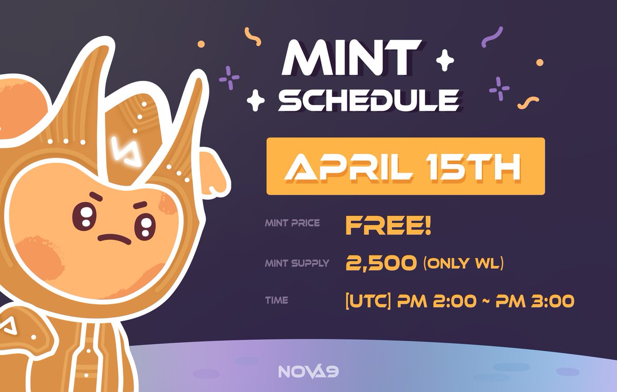 Hello, Nova!

We finally announce the mint time! And We've increased the first mint allocation so more holders can join us!

Come and participate in the new raffle and mint!💜
alphabot.app/nova9-x-20-tvk…