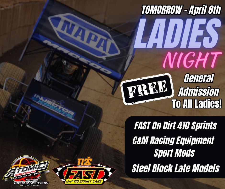 AtomicSpeedway's tweet photo. Ladies Night - TOMORROW April 8th

- FREE general admission for all ladies
- $10 pit passes for all ladies 
- Easter Egg Hunt🐰🐣

Come out and join us for an eggciting night of racing at Atomic Speedway click here for event info: https://t.co/pLCS7fZpnu https://t.co/CKbrLLsNz5
