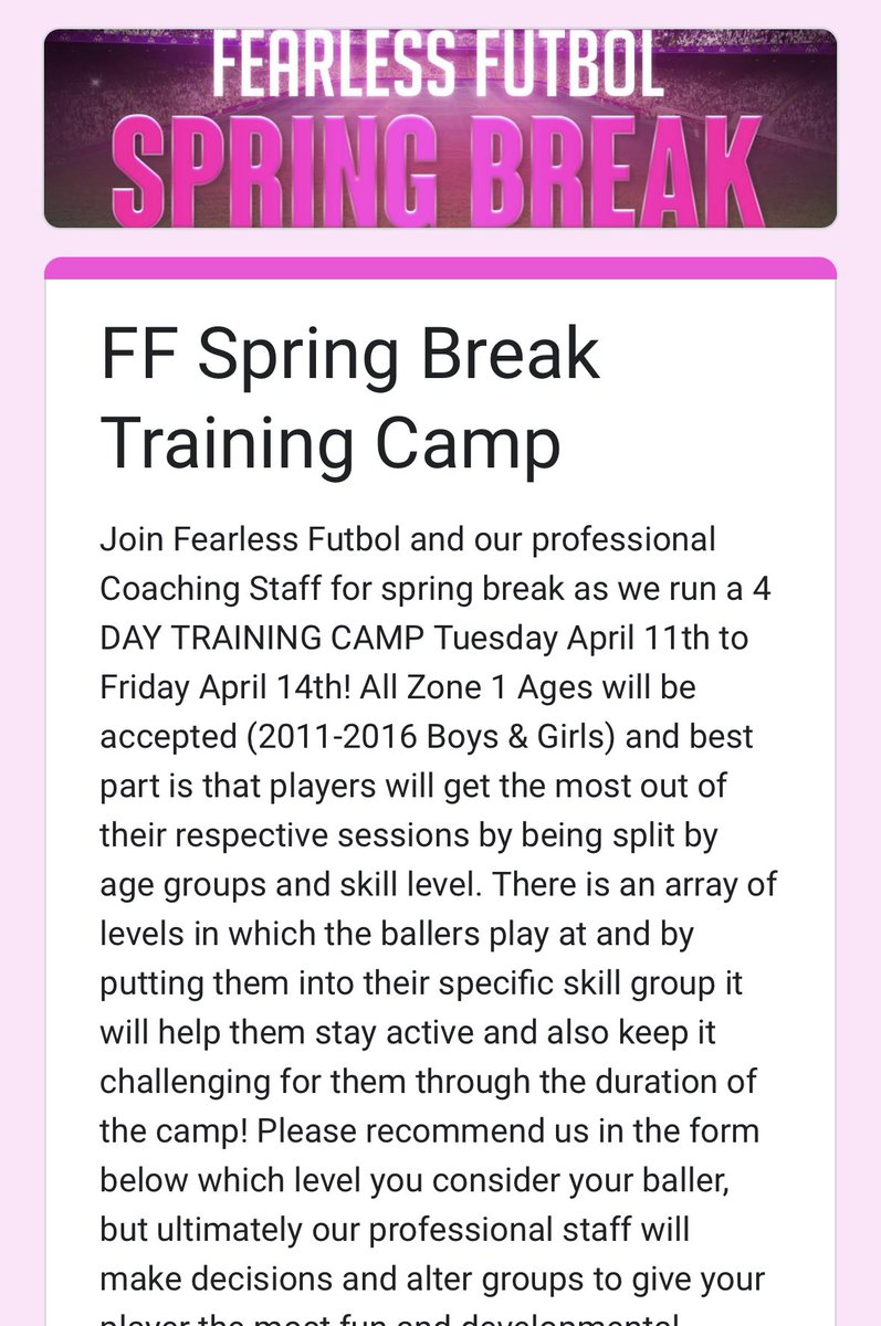 ⚽️⭐️ANNOUNCEMENT⭐️⚽️
Sign up for the FF Spring Break Training Camp below!!

docs.google.com/forms/d/e/1FAI…