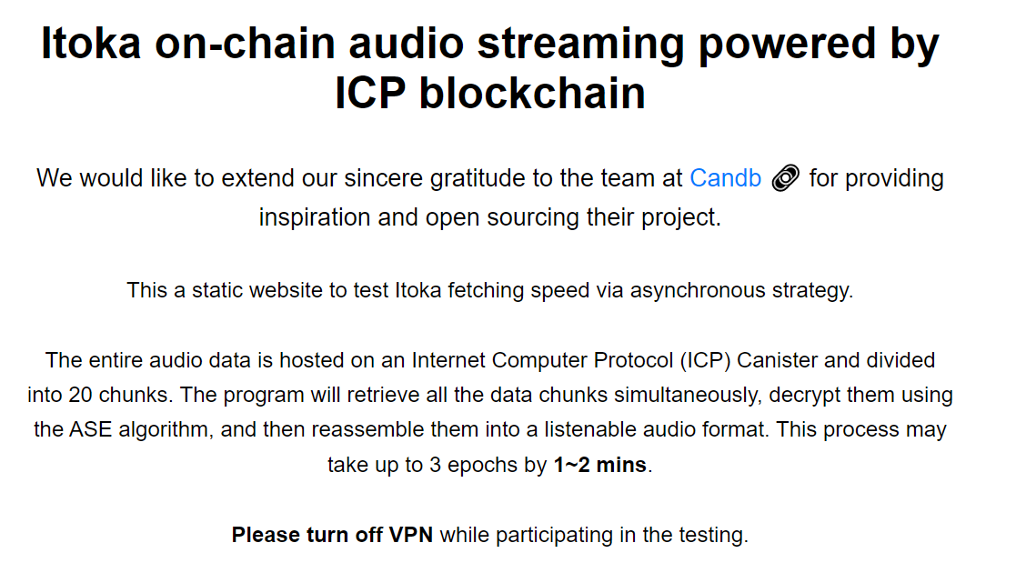 ItokaMusic's tweet photo. 🚀 Attention ICP community! We need your help to test our latest Itoka on-chain audio streaming powered by the Internet Computer Protocol (ICP) blockchain.

🙌 Special thanks to the team at @can_scale for inspiring and open-sourcing their project!

🎉 To show our gratitude, we're offering a reward of 20 $ICP or GroovePanda NFT 🐼 to selected participants!

👉 Here's how you can participate (PC, cellphone, Mac, and other devices are all good):

1. Visit the test site https://t.co/A4emo4j8II
2. Follow the instructions to complete the test (please turn off VPN)
3. Wait 1-2 minutes for the test to process
4. Leave a comment on this post with a screenshot of your test results and your wallet address (drop IC wallet if you prefer ICP, drop Ethereum wallet if you prefer GroovePanda NFT)

🔥 Let's work together to make the ICP ecosystem even stronger!

#ICP #InternetComputer #Itoka #AudioStreaming #Blockchain #Community #Matic #Ethereum