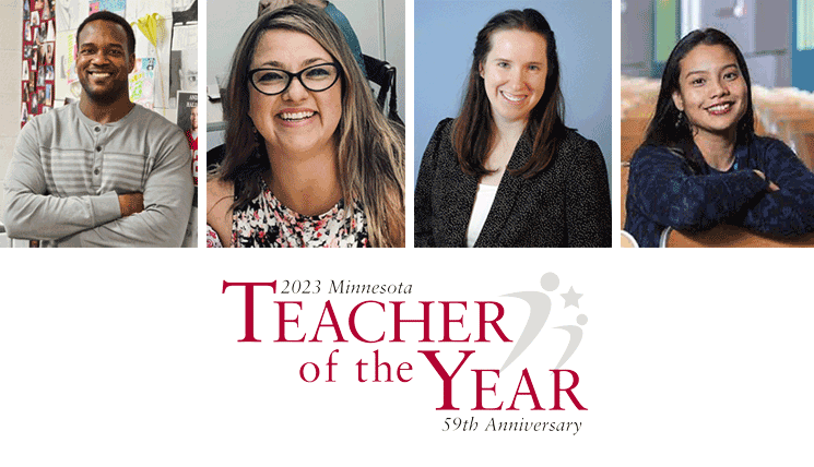 Congratulations to Michael Houston, Molly Keenan, Sorcha Nix, and Fathimath Eliza Rasheed on being named finalists for the 2023 Minnesota Teacher of the Year award. 🎉 Read more: bit.ly/3mgr0Q4