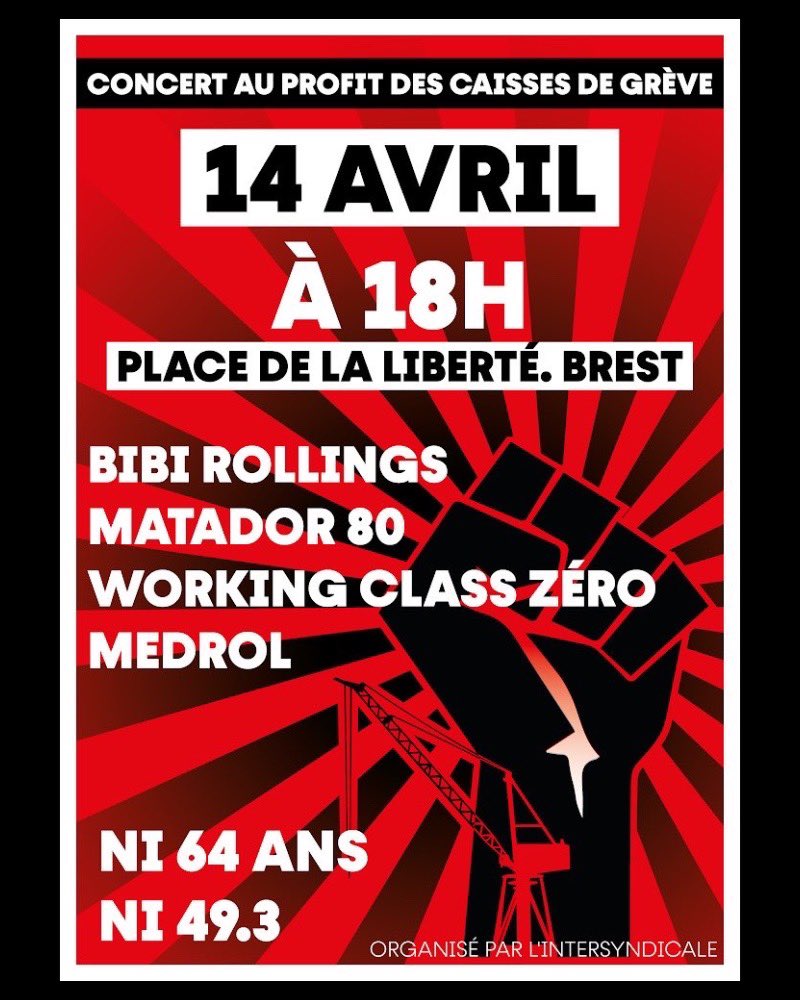 R3m1VDP's tweet photo. ✊ La colère n’exclut pas la joie de vivre !
À #Brest, joignez l’indispensable à l’agréable, vendredi 14 avril, avec le concert de soutien aux caisses de #grève. https://t.co/Mp2RIR401m