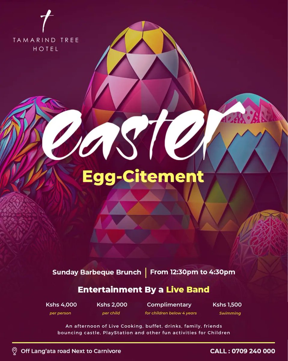 TamarindTreeKe's tweet photo. Here is to filling your Easter Basket with food, fun times, relaxation and blissful memories. 
😊🎉😀

Swipe left to see the poster for more details

Reservations: Call 0709 240 000 #EasterWithFamily #EasterWithFriends https://t.co/nankL9ophA