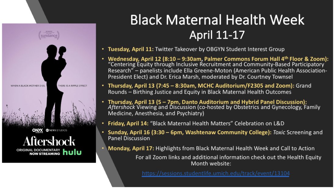 Courtney Townsel, MD MSc (@courtneytownsel) on Twitter photo The Michigan Medicine OBGYN Department is gearing for Black Maternal Health Week. Check out the programming we have planned. Grateful to partner with local orgs <a href="/BirthDetroit/">Birth Detroit</a> <a href="/momjustice/">Mothering Justice</a> to highlight #BMHW23 <a href="/Dee_Fenner_MD/">Dee Fenner MD</a> <a href="/umichmedicine/">Michigan Medicine</a> @Okeoma_Mmeje The Michigan Medicine OBGYN Department is gearing for Black Maternal Health Week. Check out the programming we have planned. Grateful to partner with local orgs <a href="/BirthDetroit/">Birth Detroit</a> <a href="/momjustice/">Mothering Justice</a> to highlight #BMHW23 <a href="/Dee_Fenner_MD/">Dee Fenner MD</a> <a href="/umichmedicine/">Michigan Medicine</a> @Okeoma_Mmeje