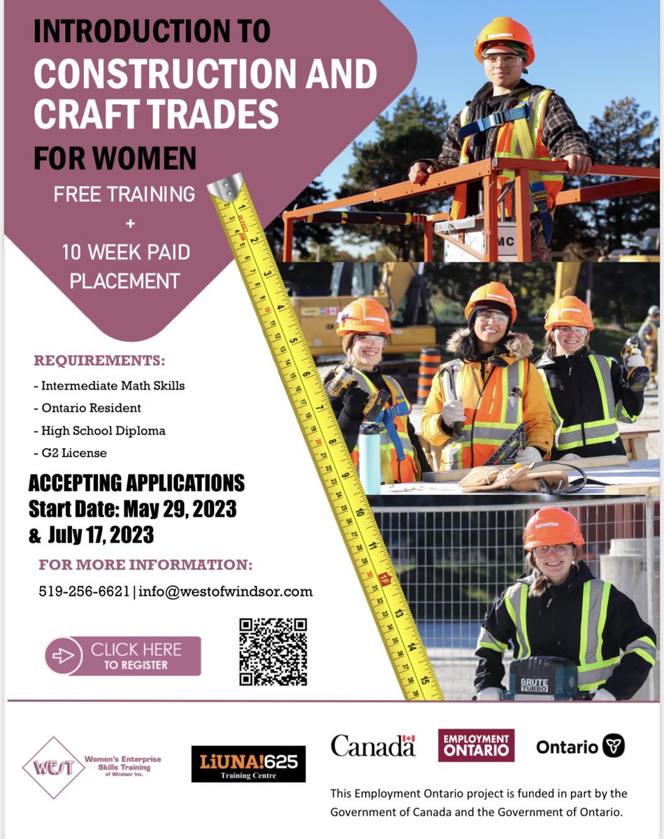 Are you interested in starting a career in the construction trade❓
<a href="/WESTofWindsor/">WEST Inc. of Windsor</a> is now accepting applications for the Introduction to Construction and Craft Trades for Women (ICCTW) program.
🔹To register: westofwindsor.com/introduction-t…