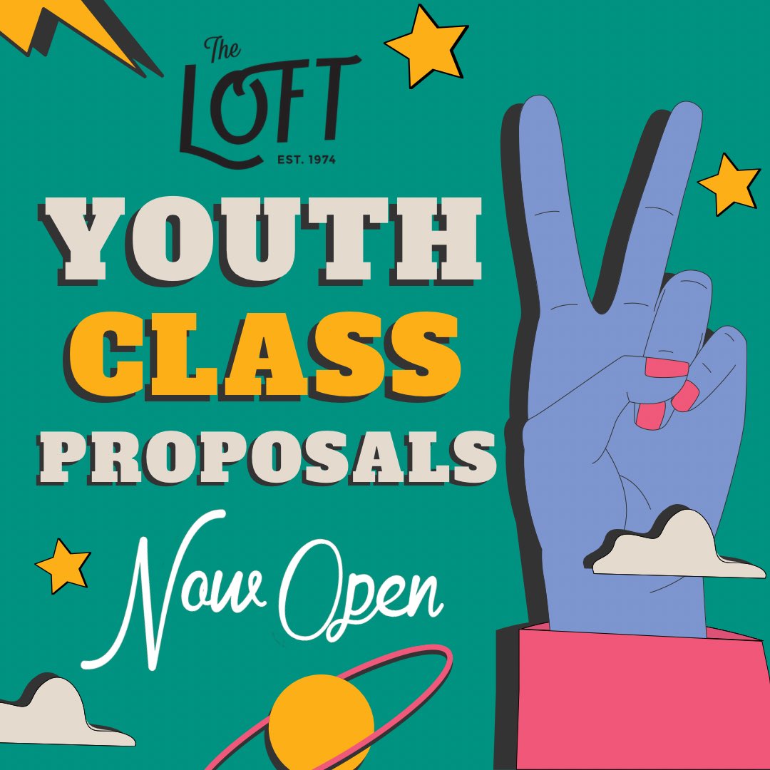 Want to teach at the Loft? We are now accepting youth class proposals for FALL 2023! We’re looking for diverse class content, classes across genre, and strong/flexible lesson plans. Proposals are due May 17th by 11:59pm. 

Visit bit.ly/youthclassprop… to apply! 🪐🌟🚀