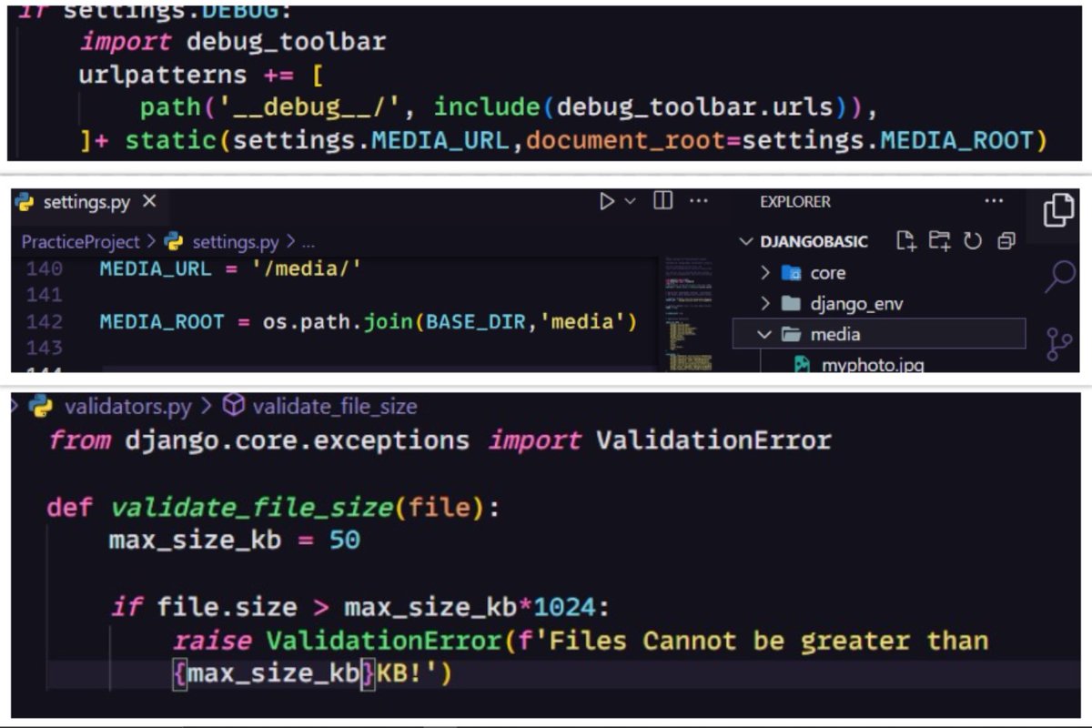 anil_code_808's tweet image. Media Management In Django

Managing path In Settings
Managing Url patterns
Model for File type
Serializers and Viewsets
File Validation &amp;amp;&amp;amp; pillow Extension
custom_validator_function
#django #Django