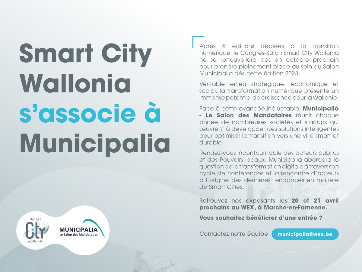 🔵Smart City Wallonia s'associe à Municipalia🔵
Après 6 éditions dédiées à la transition numérique, le Congrès-Salon ne se renouvelle pas en octobre pour prendre pleinement place à Municipalia dès cette édition 2023. Rdv les 20 &amp; 21 avril au @wex_be ! ➡️municipalia.be