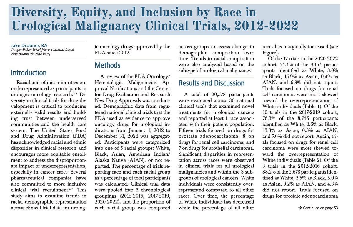Jake Drobner, MD MBA (@jake_drobner) on Twitter photo How representative are the patient populations in clinical trials for FDA-approved urologic malignancy treatments? Read more about #DEI progress over the last decade in this month’s special issue of #AUANews <a href="/AmerUrological/">Amer. Urol. Assn.</a> <a href="/UroOnc/">Society of Urologic Oncology</a> <a href="/SUO_YUO/">YUO</a> <a href="/Uroweb/">European Association of Urology (EAU)</a>
auanews.net/issues/article… How representative are the patient populations in clinical trials for FDA-approved urologic malignancy treatments? Read more about #DEI progress over the last decade in this month’s special issue of #AUANews <a href="/AmerUrological/">Amer. Urol. Assn.</a> <a href="/UroOnc/">Society of Urologic Oncology</a> <a href="/SUO_YUO/">YUO</a> <a href="/Uroweb/">European Association of Urology (EAU)</a>
auanews.net/issues/article…