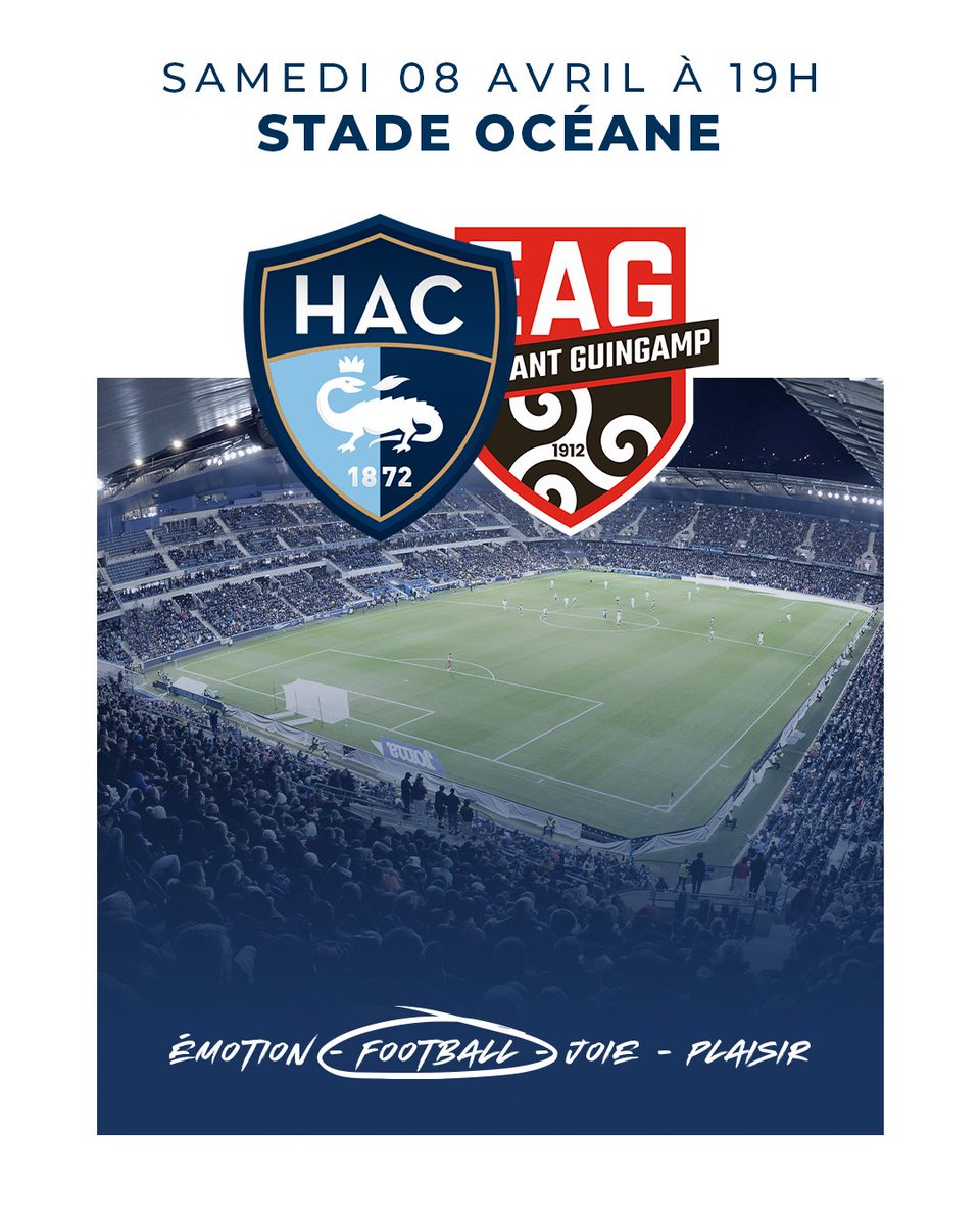⏳🔜 #HACEAG Le Stade Océane vous donne rendez-vous demain à 19h, pour une belle affiche de @Ligue2BKT entre le HAC et Guingamp ! 🔥 🎟 Réservez votre billet ici : cutt.ly/V7kRJfi
