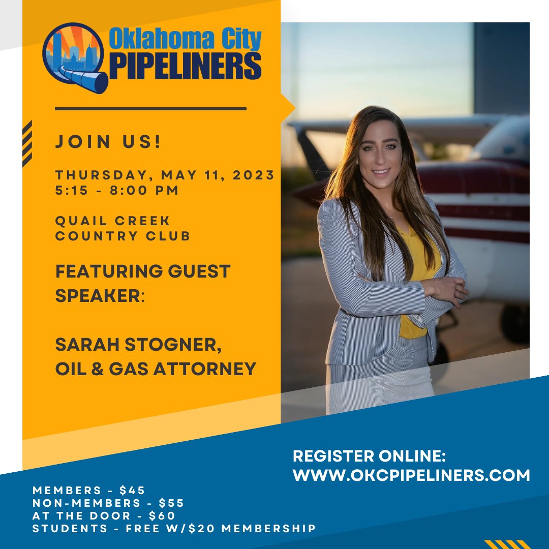 okcpipeliners's tweet photo. MAY MEETING ALERT! Don’t forget to register for our upcoming club meeting on May 11th with Sarah Stogner, oil &amp; gas attorney. Non-members are always invited too. Register at the link: https://t.co/TMg099ZmQA https://t.co/d6JS6zfpAa
