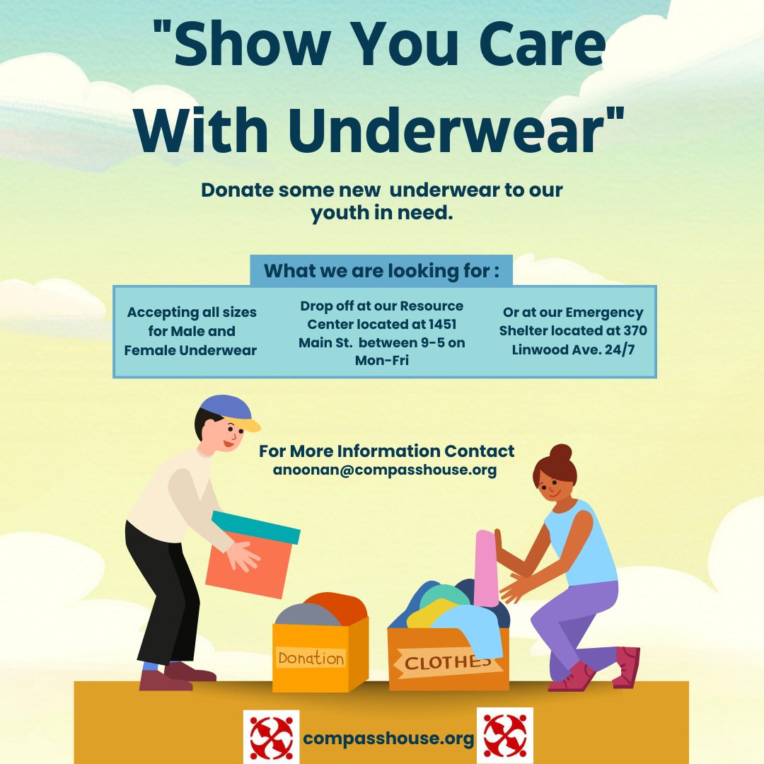 Our youth are desperately in need of underwear at our Resource Center.
We are accepting all sizes for males and females as we are in great need of new underwear to give to our clients.
Any Donation, small or large, will be greatly appreciated.