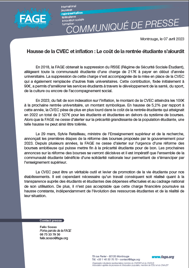 #CVEC | Hausse de la CVEC et inflation : Le coût de la rentrée étudiante s’alourdit
Il n’est pas acceptable que cette charge financière poursuive sa hausse constante, indépendamment de l’évolution des ressources étudiantes et de la réalité de leur situation.