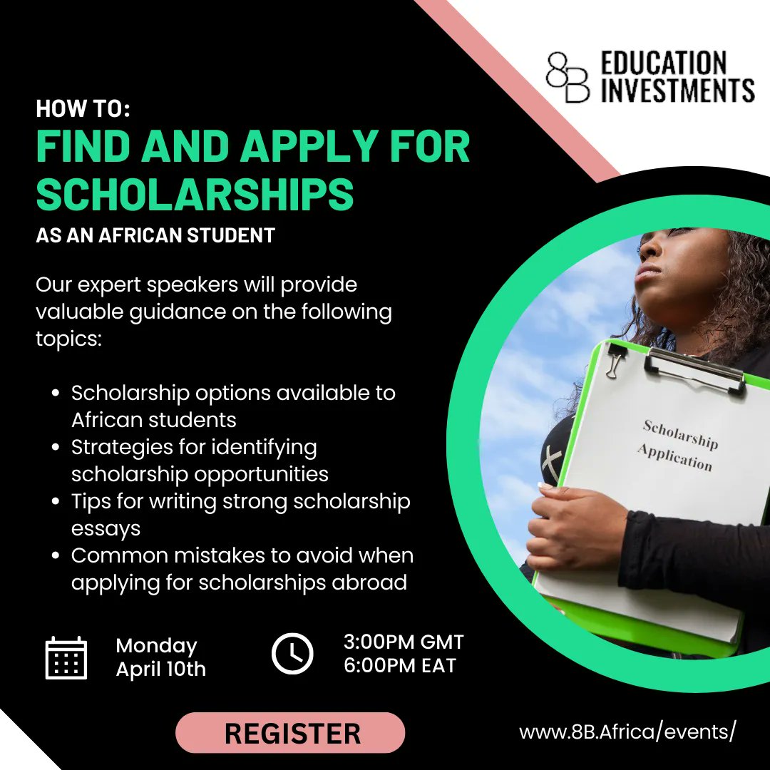 Learn about finding scholarships to support your journey.  Register today buff.ly/3MluLhK     #scholarships #Africa #studyabroad #financialaid #college #university
