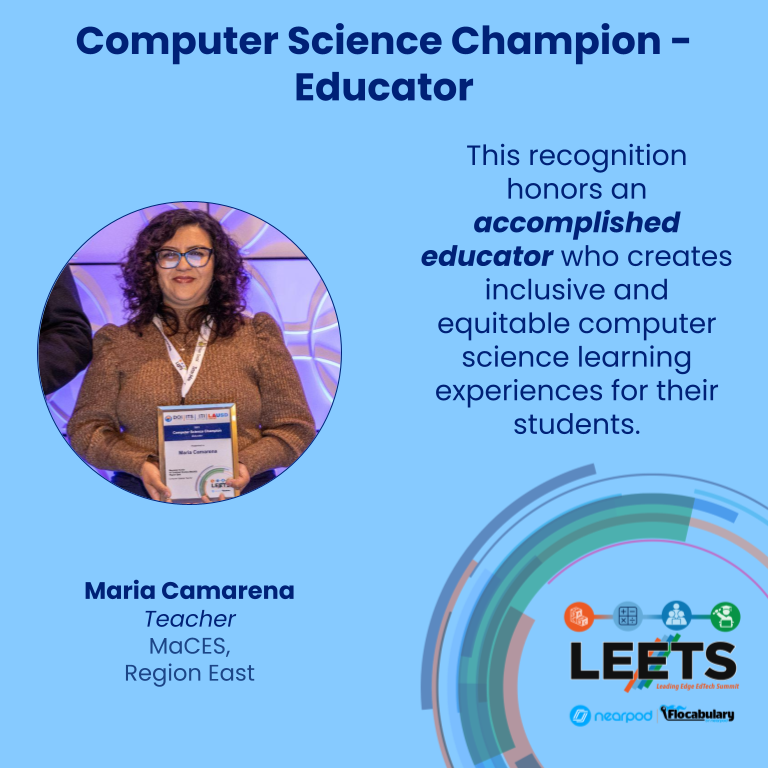 Put your hands together for @csiseverywhere, a #LEETS23 Honoree recognized as an accomplished Computer Science Champion Educator who creates inclusive and equitable Computer Science learning experiences for her students @MACESmagnet @LASchoolsEast! #CS4LAUSD #EmpoweredByITI