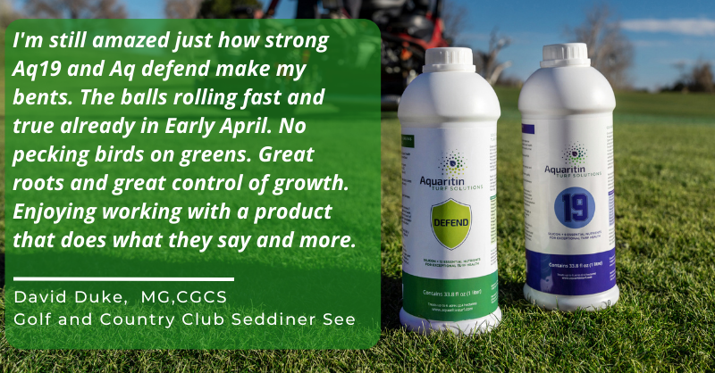 Courses that use Aquaritin as part of their always on greens program are reporting outstanding results. Spring conditions already showing good rolling speed, excellent root depth and pest resistance. Sign up to receive 2 FREE bottles of Aquaritin 19 now! aquaritinturf.com/19-trial/