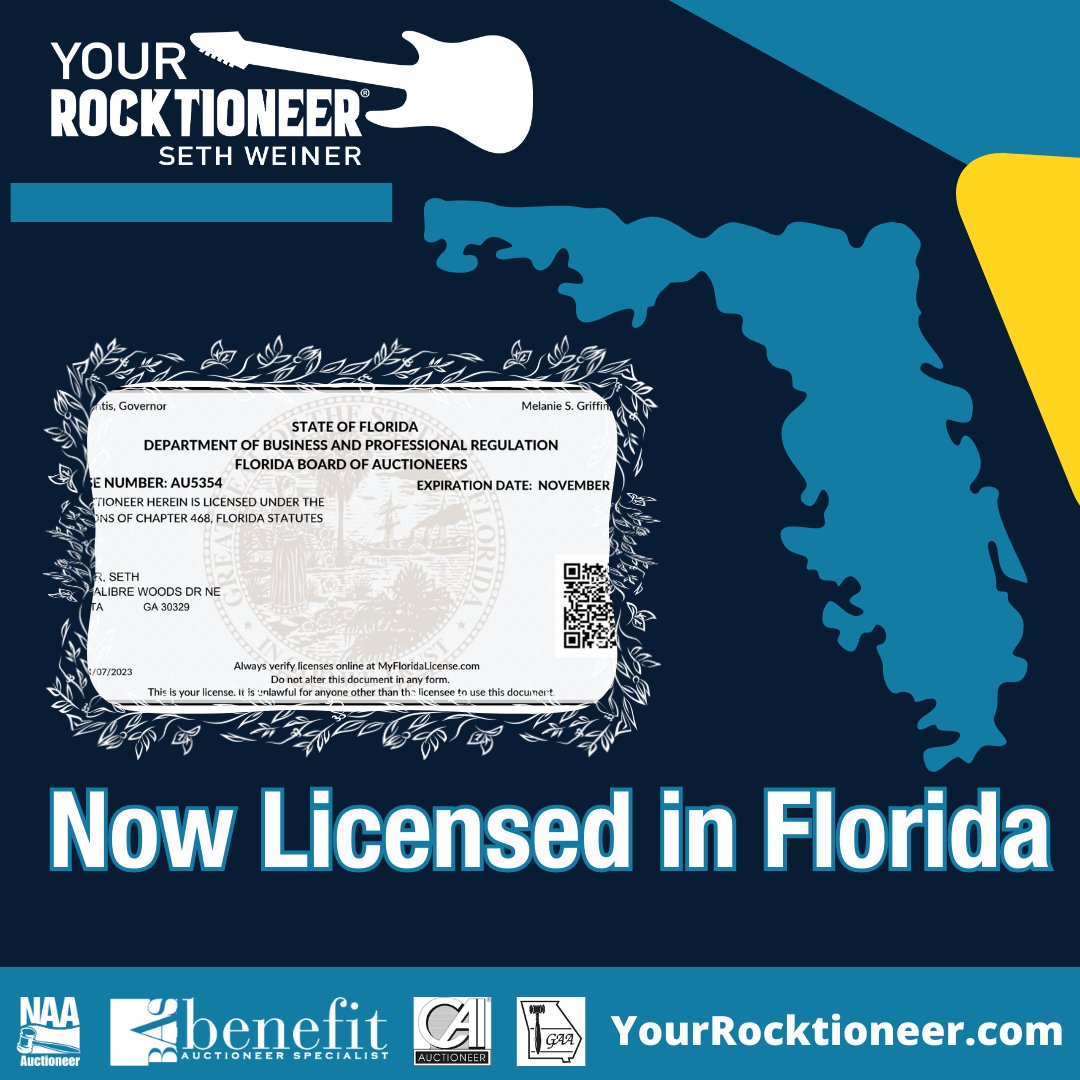 @YourRocktioneer is now licensed in Florida!!! Contact us for your next fundraiser/gala! Now booking Fall 2023 and Winter/Spring 2024.

 #AuctionsWork #NAApro #BASpro #Fundraising #gala #FLAuctioneer #GAAuctioneer #AtlantaAuctioneer #fundraisingpro